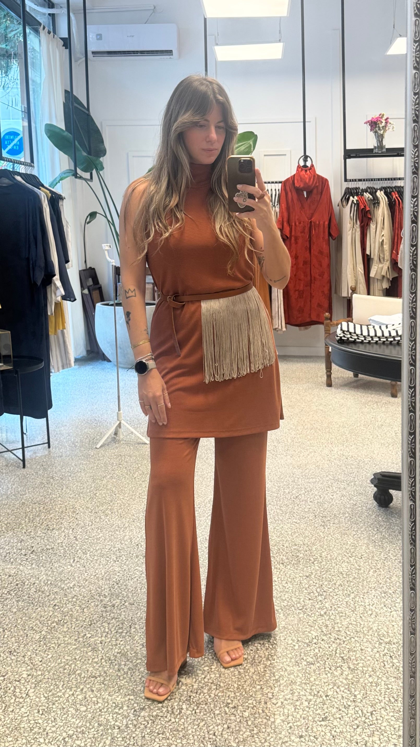 Leather Fringe Belt- Beige
