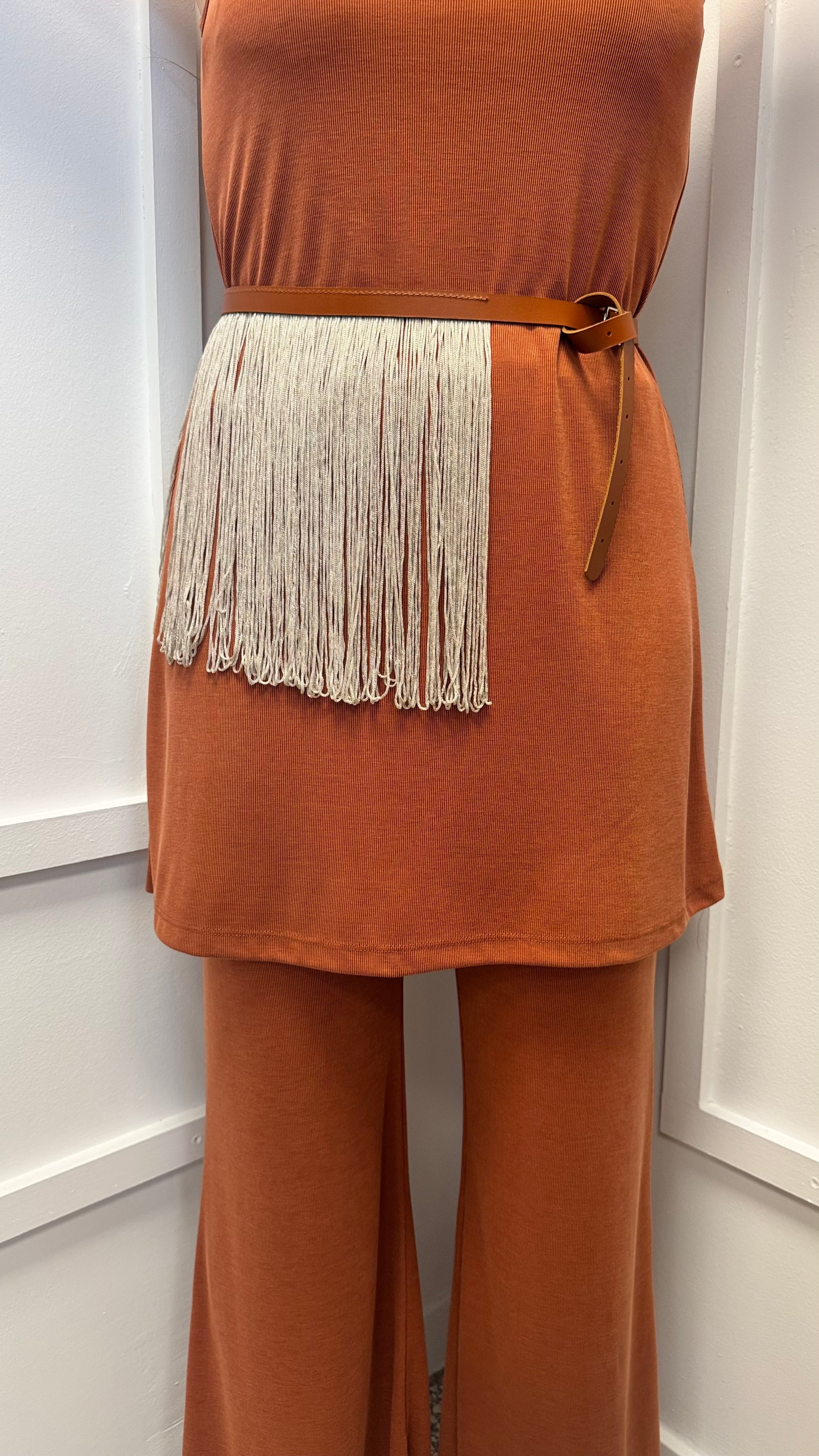 Leather Fringe Belt- Beige